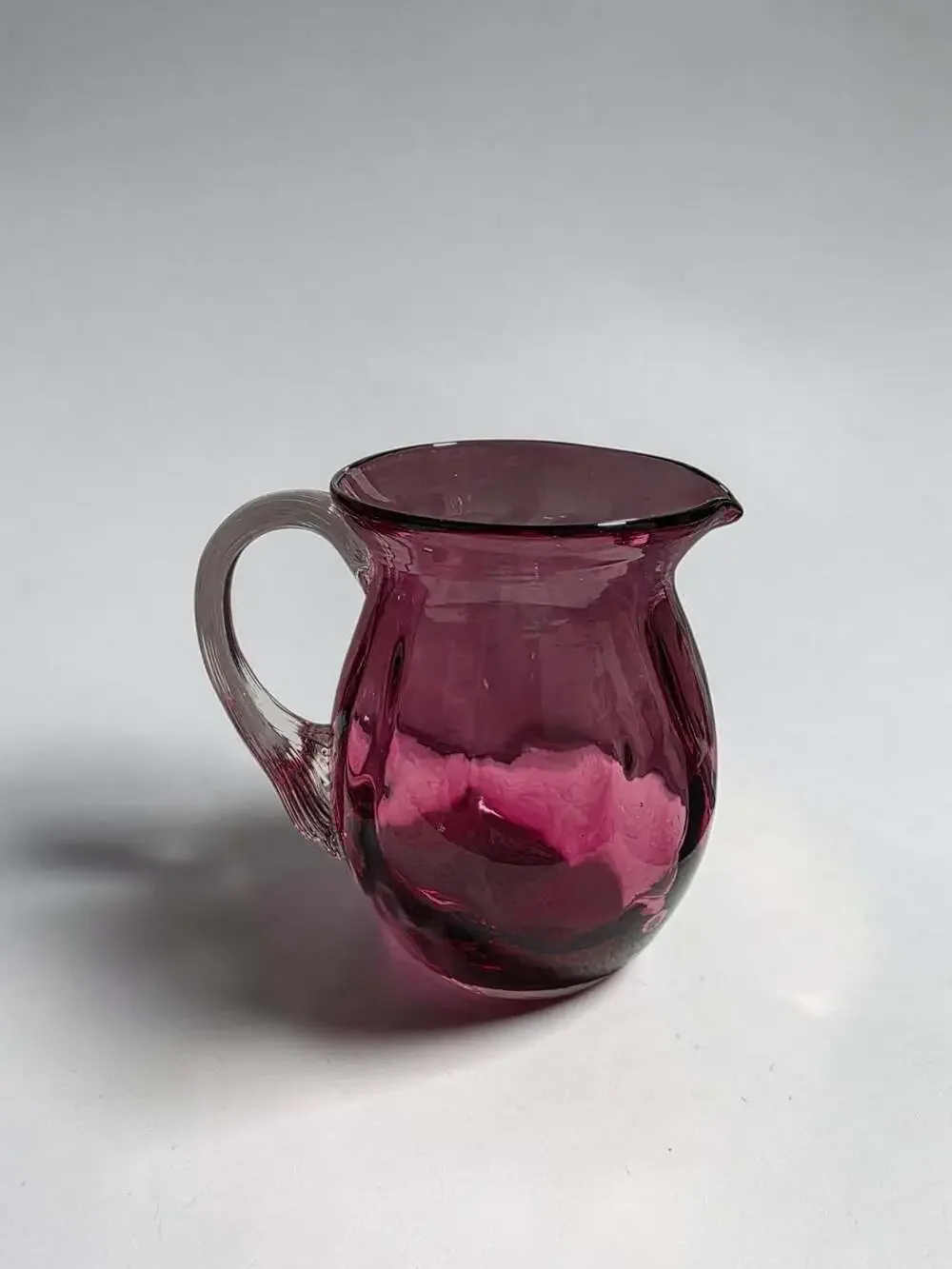 Vntg Pilgrim Art Glass Cranberry Ribbed Basket & Pitcher Set with Clear Handles